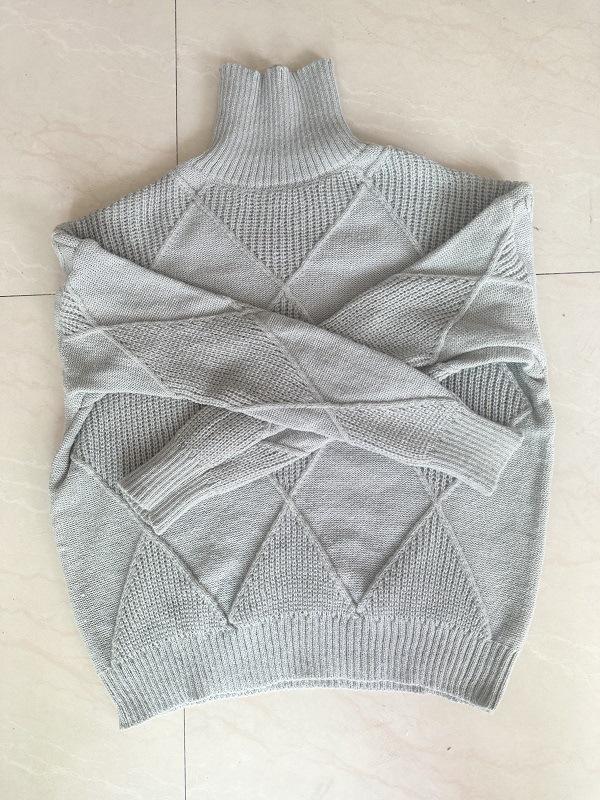 European & American Style Loose Knitted Pullover: Women's Solid Color High Neck Diamond Sweater