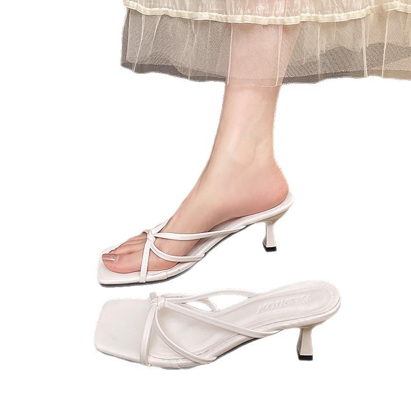Slippers women's summer new high-heeled cool slippers wear one-character sandals square head open-toed slippers