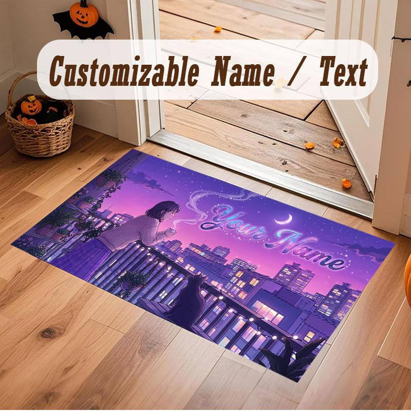 Stadt Cyberpunk Thema Kristall Samt Boden Teppich Personalisiert Benutzerdefinierter Name Text Warmer Teppich Heimdekoration