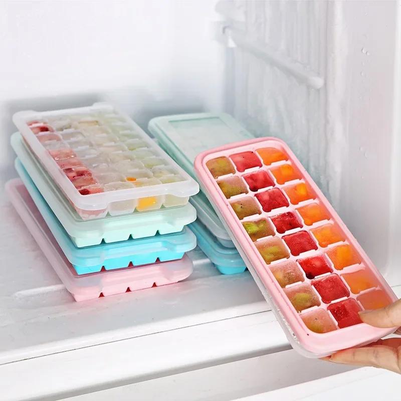 24 Grids Silicone Ice Cube Tray Maker With Removable Lids Ice Cube Mold Whiskey Cocktails Fruits Mold Bar Wine Ice Blocks Maker