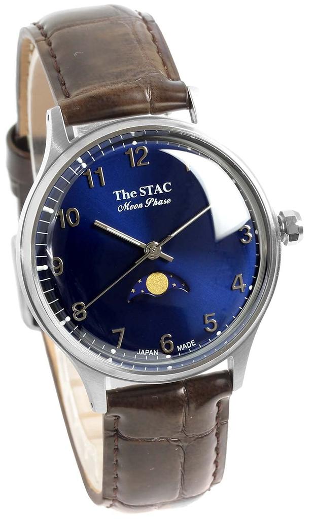 The STAC Japanese-made 36mm Antique Retro Wristwatch for Men and Women, Unisex, Moon Phase Arabic with Blue-Brown Crocodile, ST-MF001