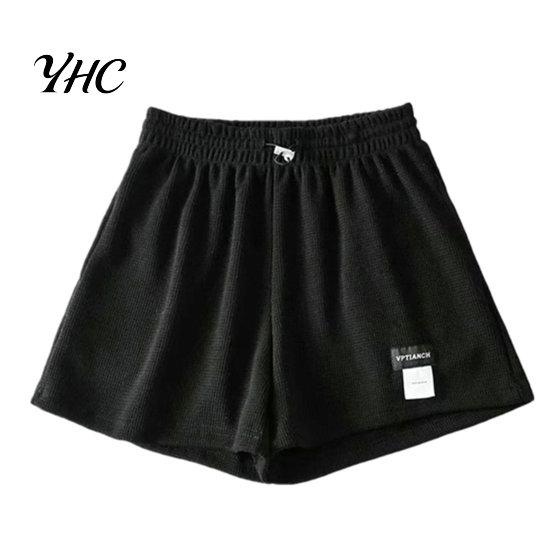 Loose Bottoms High-Waist Elastic Waistband Pockets Waffle Texture Women Shorts Fitness Wide Leg High Waist Sports Streetwear