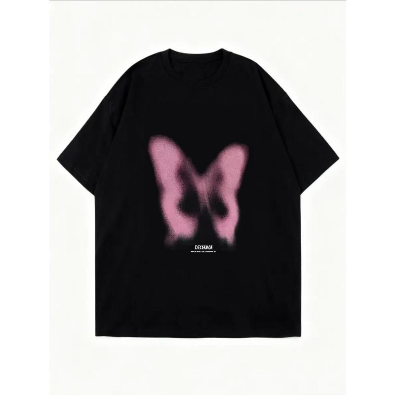 Weißes Oversized-T-Shirt mit rosa Schmetterlingsdruck und Text für Freizeitkleidung