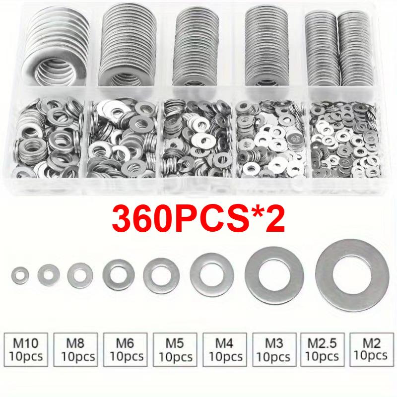 80/180/360/540/720pcs M2 M2.5 M3 M4 M5 M6 M8 M10 Stainless Steel Flat Washer Plain Gaskets Metal Washers Rings for Screw Bolt Assortment Kits