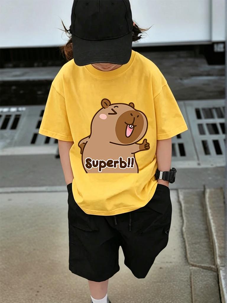 Sunny Capybara Kids Short Sleeve Top Summer Cute Cartoon Crewneck Boys Girls Ages 3-14
