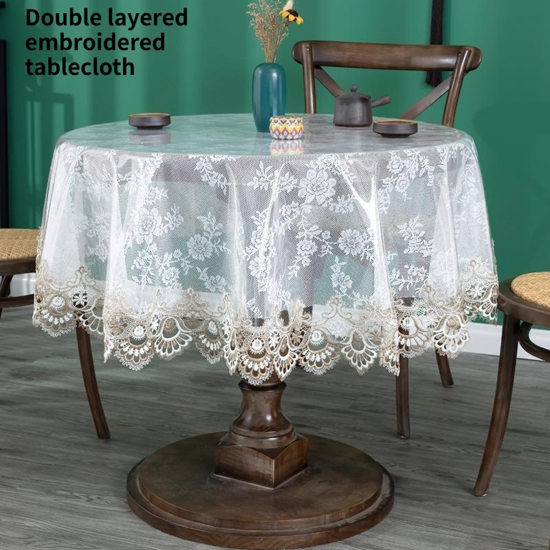Lace Embroidered Round Tablecloth Soft PVC Clear Double Layered Table Cover Dust-proof and Easy To Clean Dining Table Mat Waterproof Cushion Cover