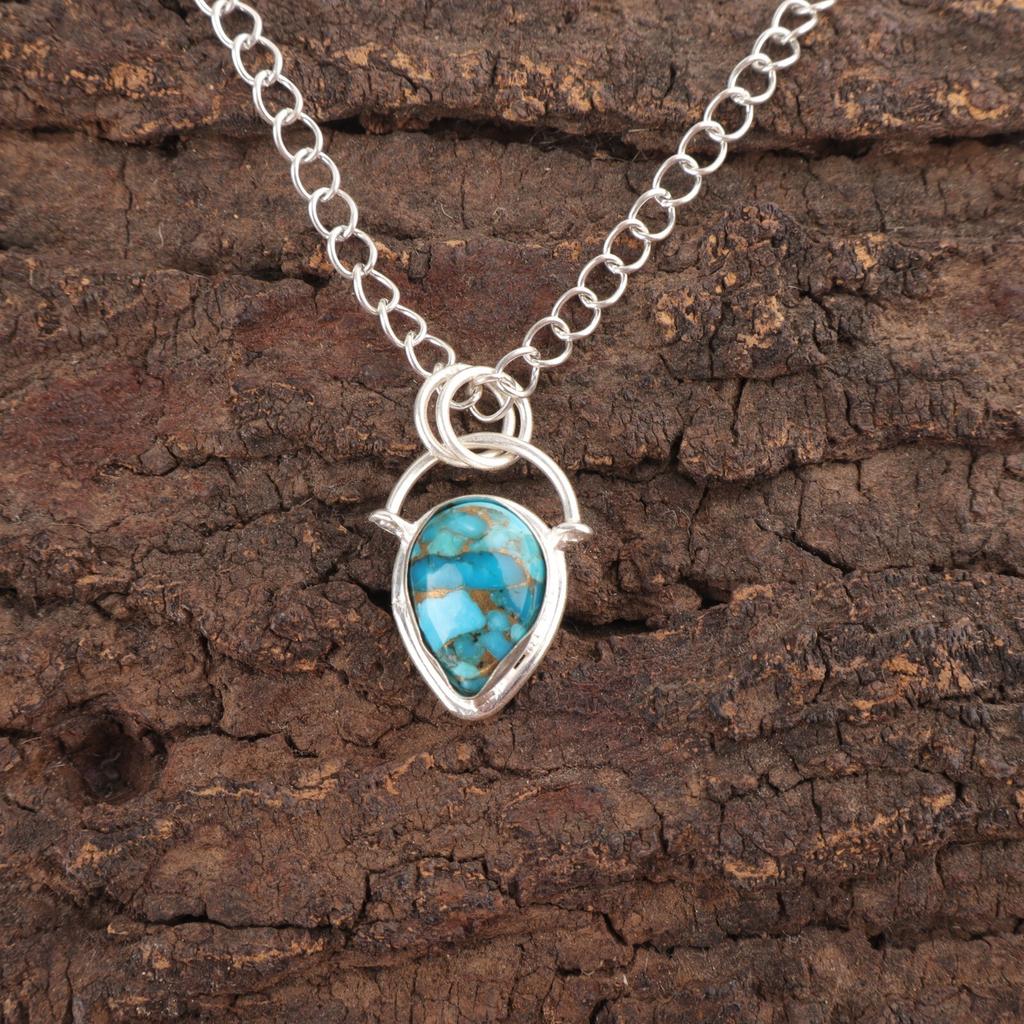 Blue Copper Turquoise Stone Sterling Silver Friendship Day Handcrafted Pendant PP-56-43