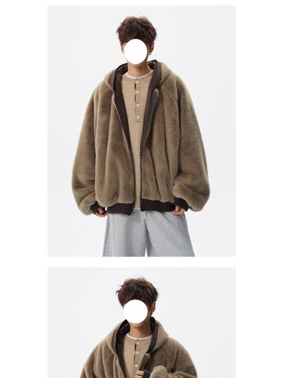 Trendy Reversible Rabbit Fur-Style Cotton Jacket - Men's Winter Retro Cool Hooded Coat, Versatile & Warm for Couples