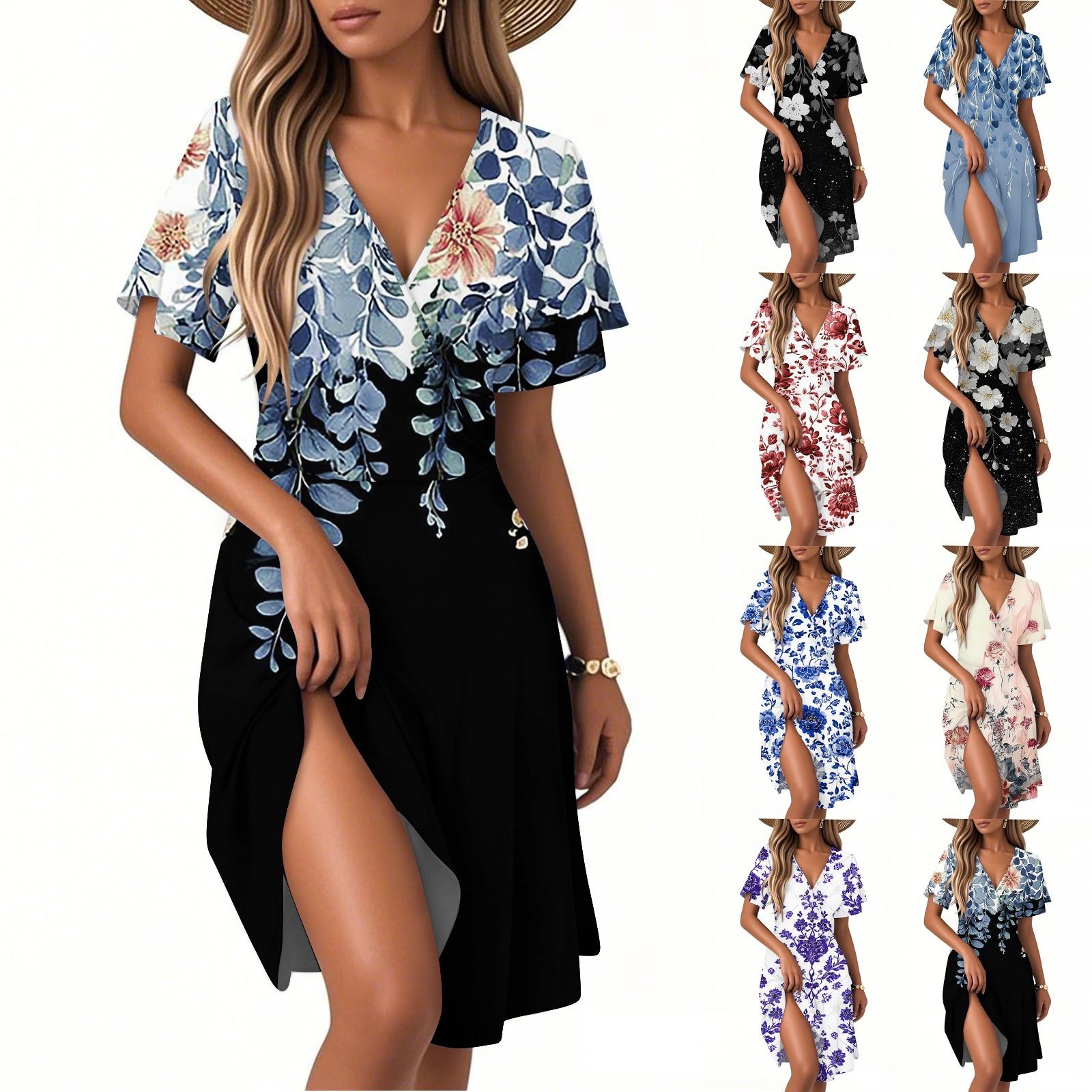 

Women s Fashion Short Sleeve Wrap Sundress V-Neck Floral Print Dresses M чорний