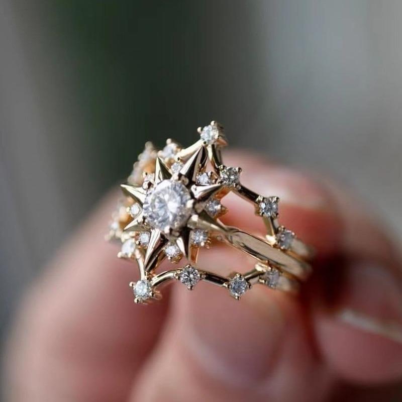 Huajie Сияющие Блестящие Циркониевые Многогранные Звездчатые Кольца для Женщин Очаровательное Банкетное Кольцо Тренд 11 золотой