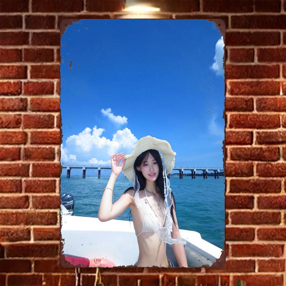 

HD Tin Sign Vintage Asian Girl in White Bikini Straw Hat on Boat Metal Wall Art Retro Decor for Home Bar Cafe 20x30cm（7.8x11.8inch）