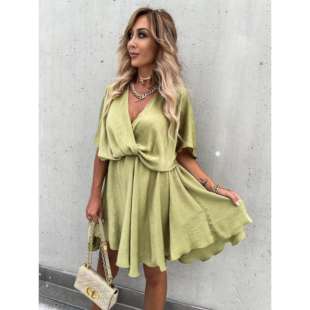 Robe d'été sexy à col en V pour femme, élégante, manches courtes, couleur unie, coupe trapèze, ample, mini, décontractée, pour la plage et les fêtes