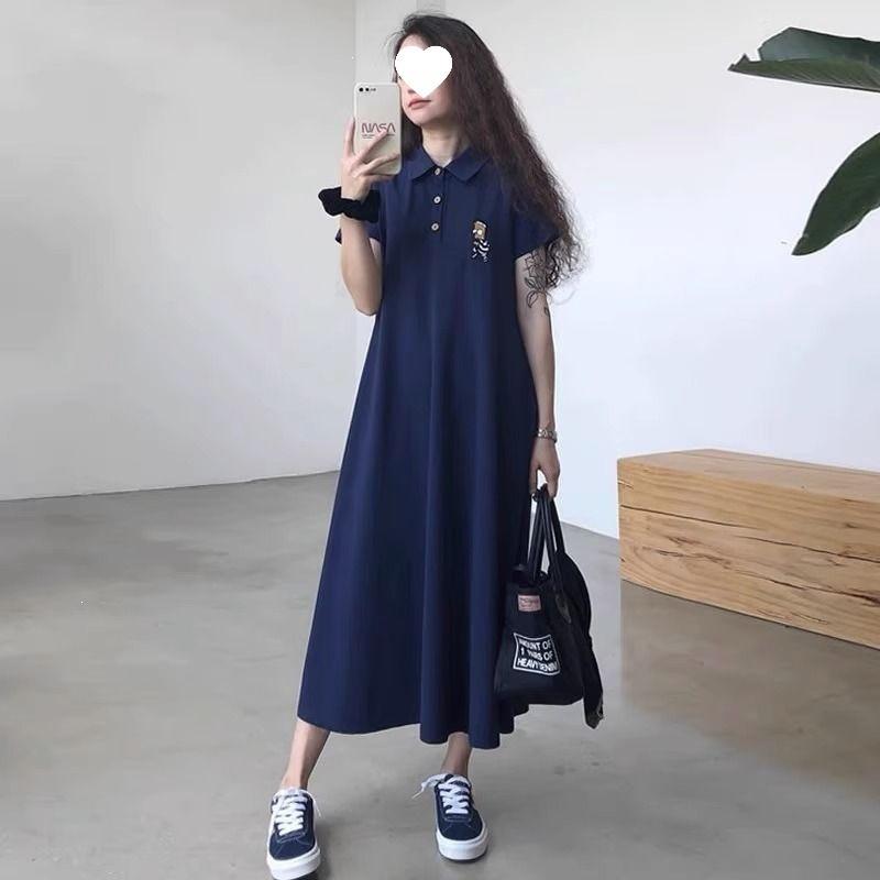 Extra large size collar embroidered dress, summer women's clothing loose and thin, covering meat temperament long dress