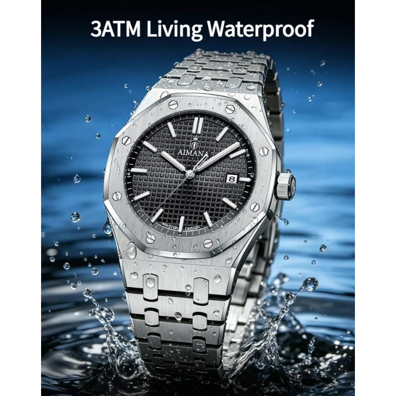 Men's Fashion Analog Quartz Wristwatch Octagonal Bezel Stainless Steel Band Calendar Dial Casual Dress Watch for Men