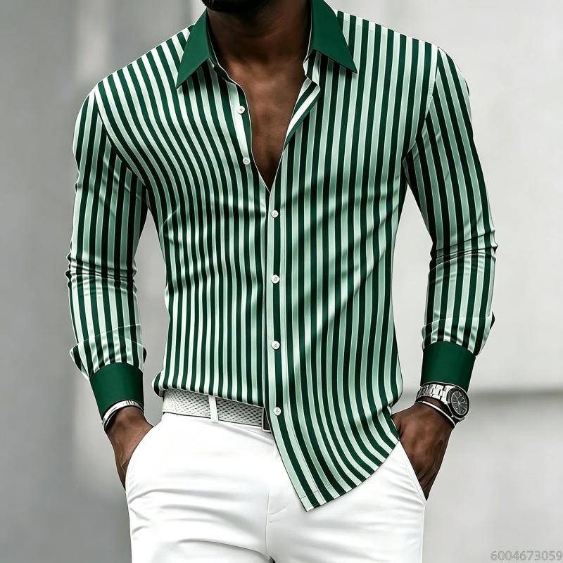 Men's Long-sleeved Collared Shirt with Black and White Vertical Stripes, Contrasting Collar and Cuff Design