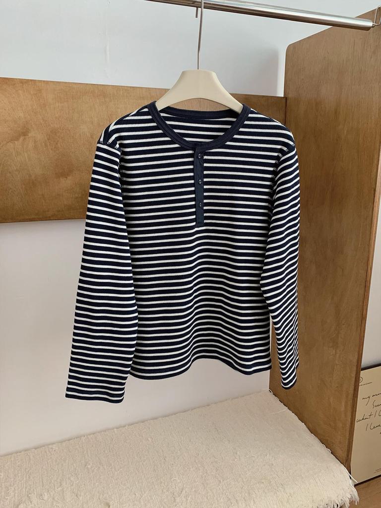 Blue & White Striped Waffle Knit Crew Neck Long Sleeve T-Shirt - Breathable & Comfortable Casual Top