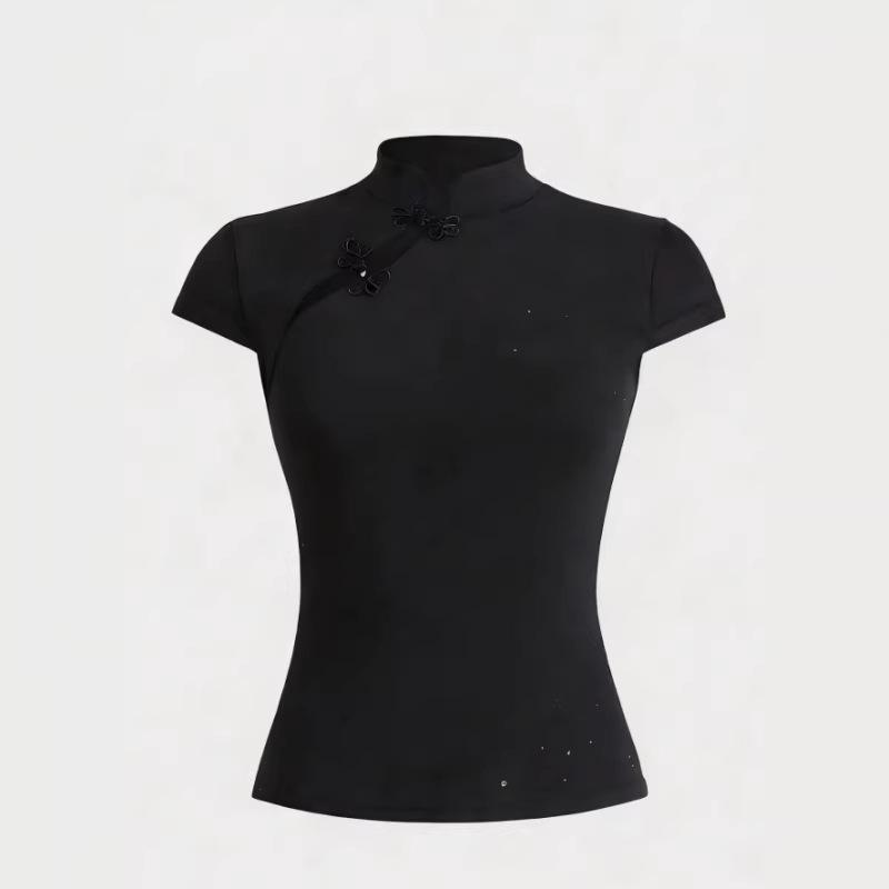 European and American summer retro Chinese style niche buckle women's slim fit cheongsam collar top