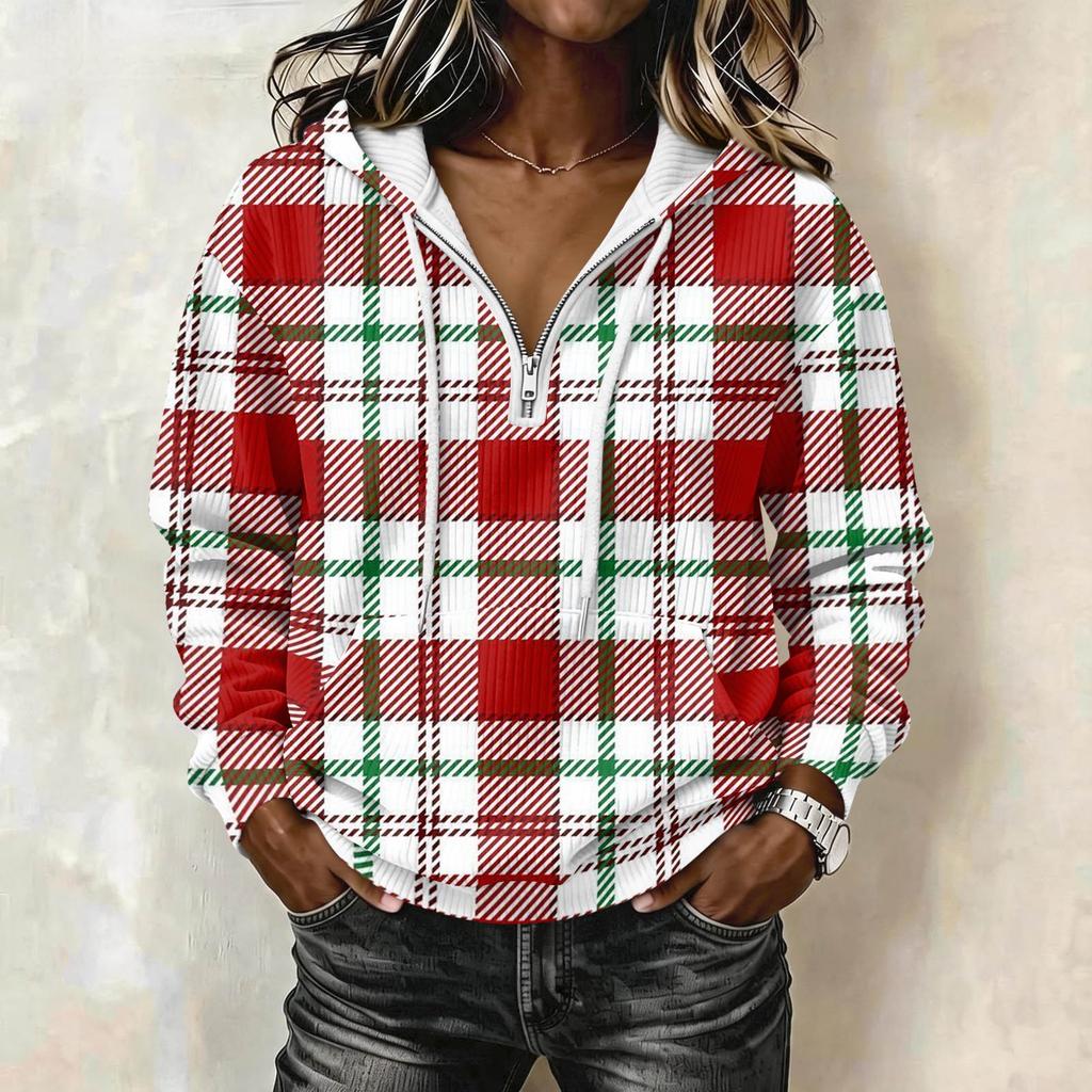 Women's Long Sleeve Drawstring Hoodie with Striped Plaid Print Pullover Sweatshirt