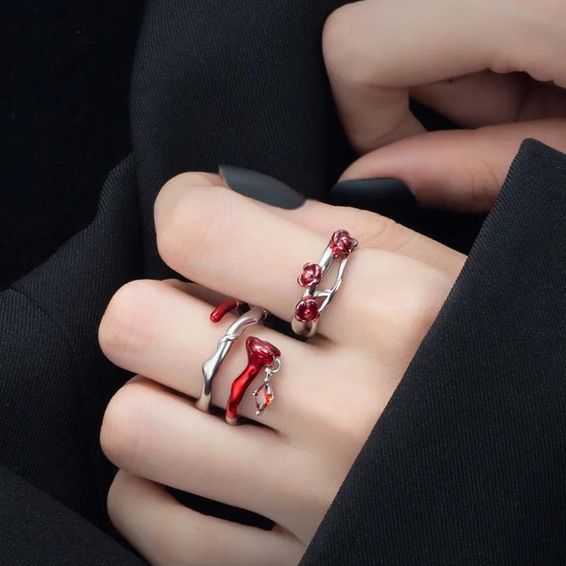 Vintage Goth Irregular Red Crystal Heart Ring for Women Charm Hollow Zircon Liquid Open Adjustable Ring Punk Party Jewelry Gift