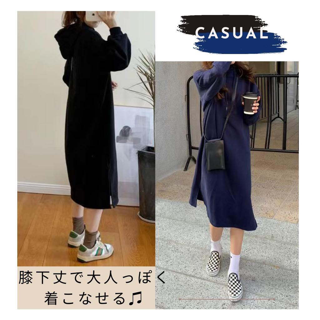 andrei Hooded Long Long Side Loose Loungewear Size Women's Dress, Sleeves, Fleece-Lined, Slits, Casual, Fall/Winter (Black, XL)