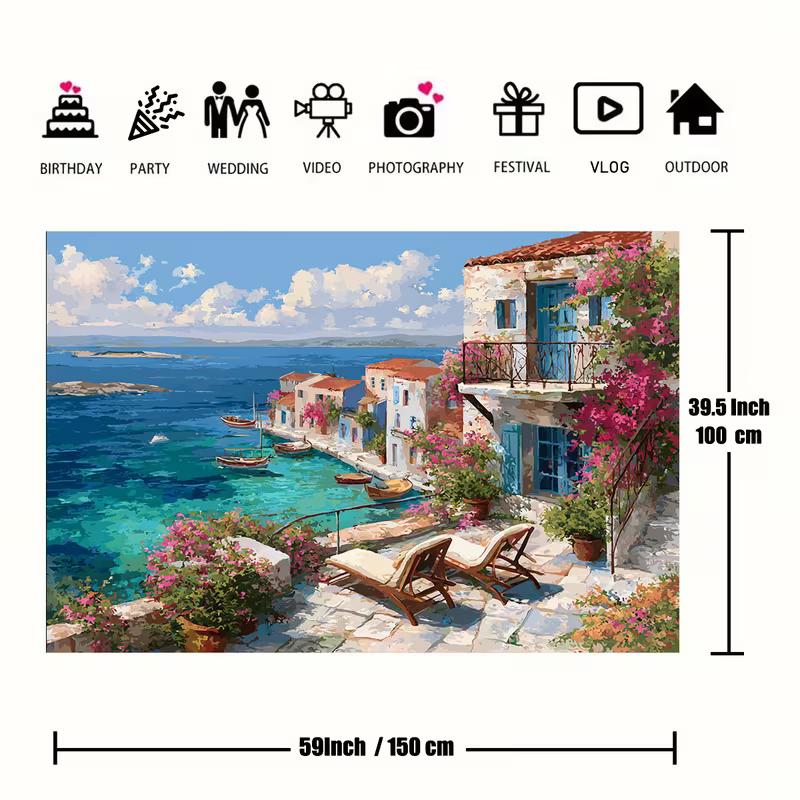 Mediterranean Coastal Scene Tapestry, Greek Island Oil Painting Print