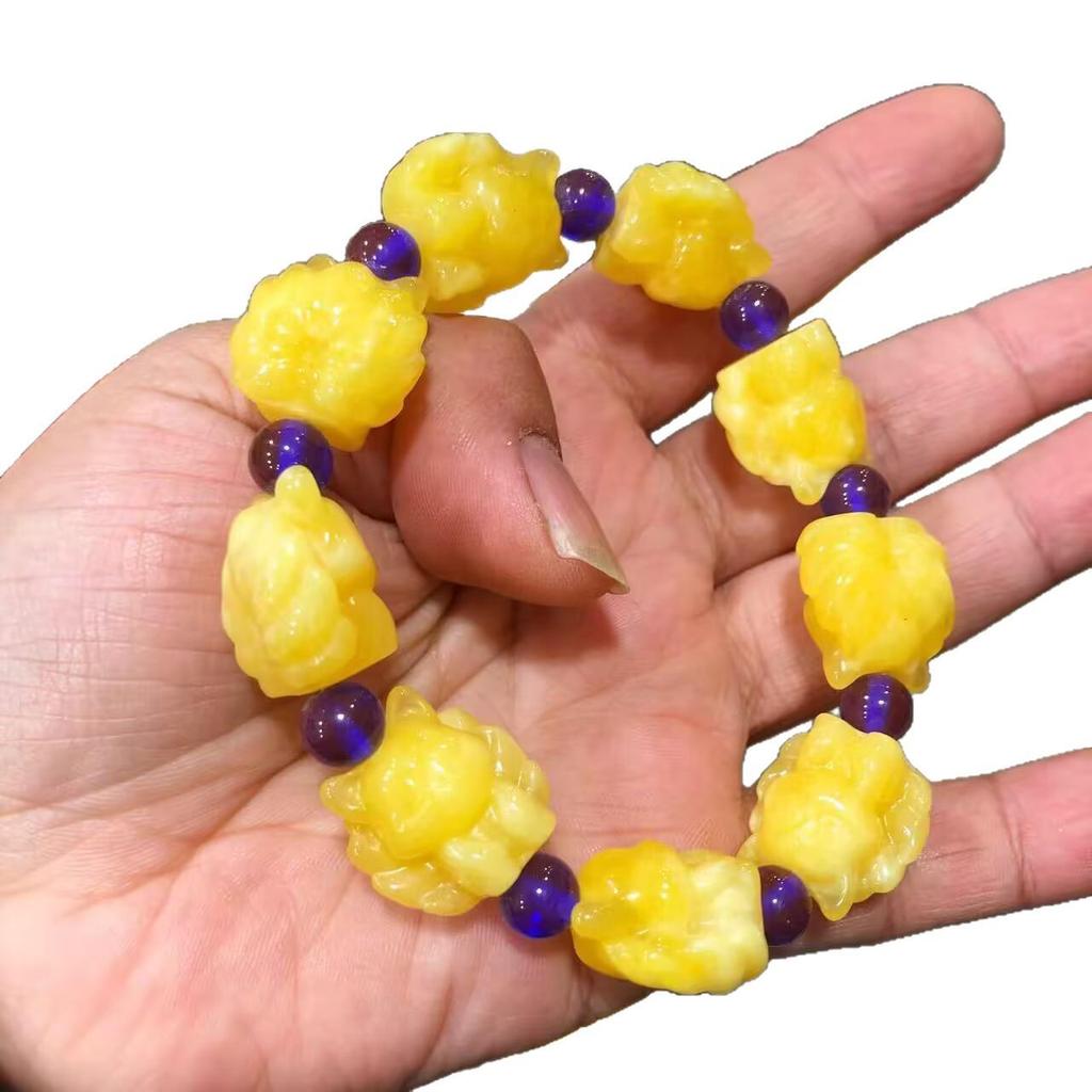 Beeswax Bear Bracelet with Amber Chain & Patina Bear Pendant in Chicken Fat Yellow