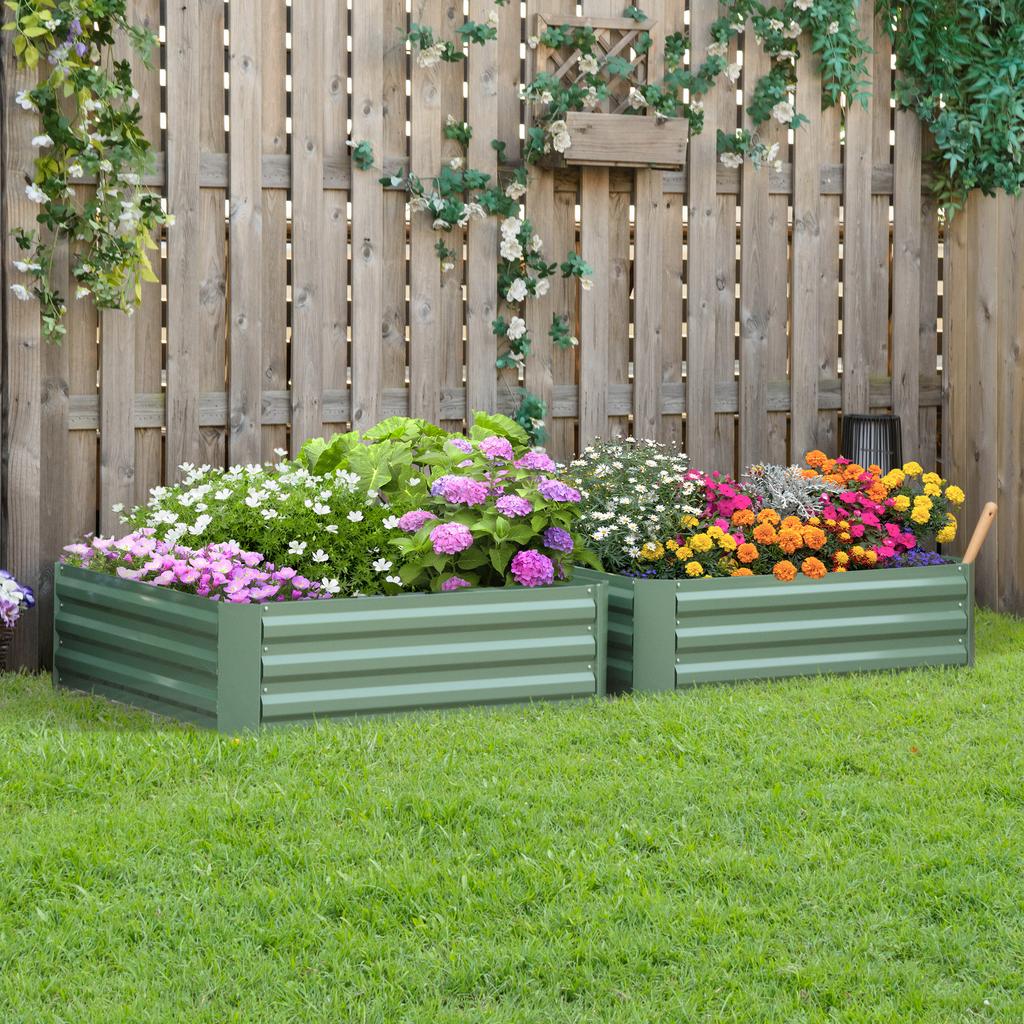 Set of 2 291L Raised Garden Bed, Elevated Galvanised Planter Box for Flowers, Herbs, 100x100x30cm, Green