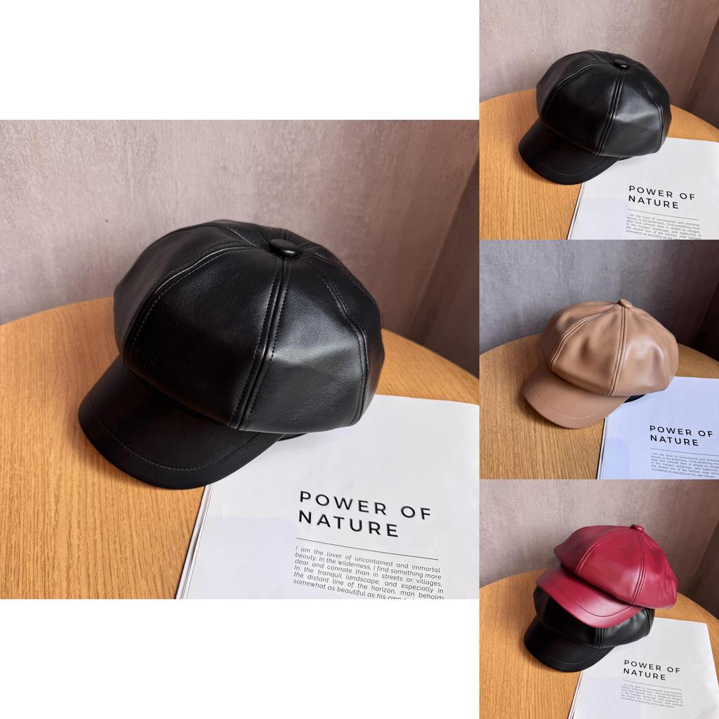 Retro Style Octagon Hat For Girls In Pu Leather With Sunshade And Breathability
