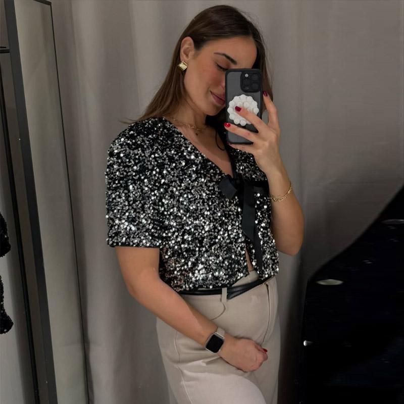 Bow Tie Lace Up Sequin Top Women's Short Sleeved V-neck Shirt Sweet Solid Color Blouses 2025 Spring and Summer Fashion