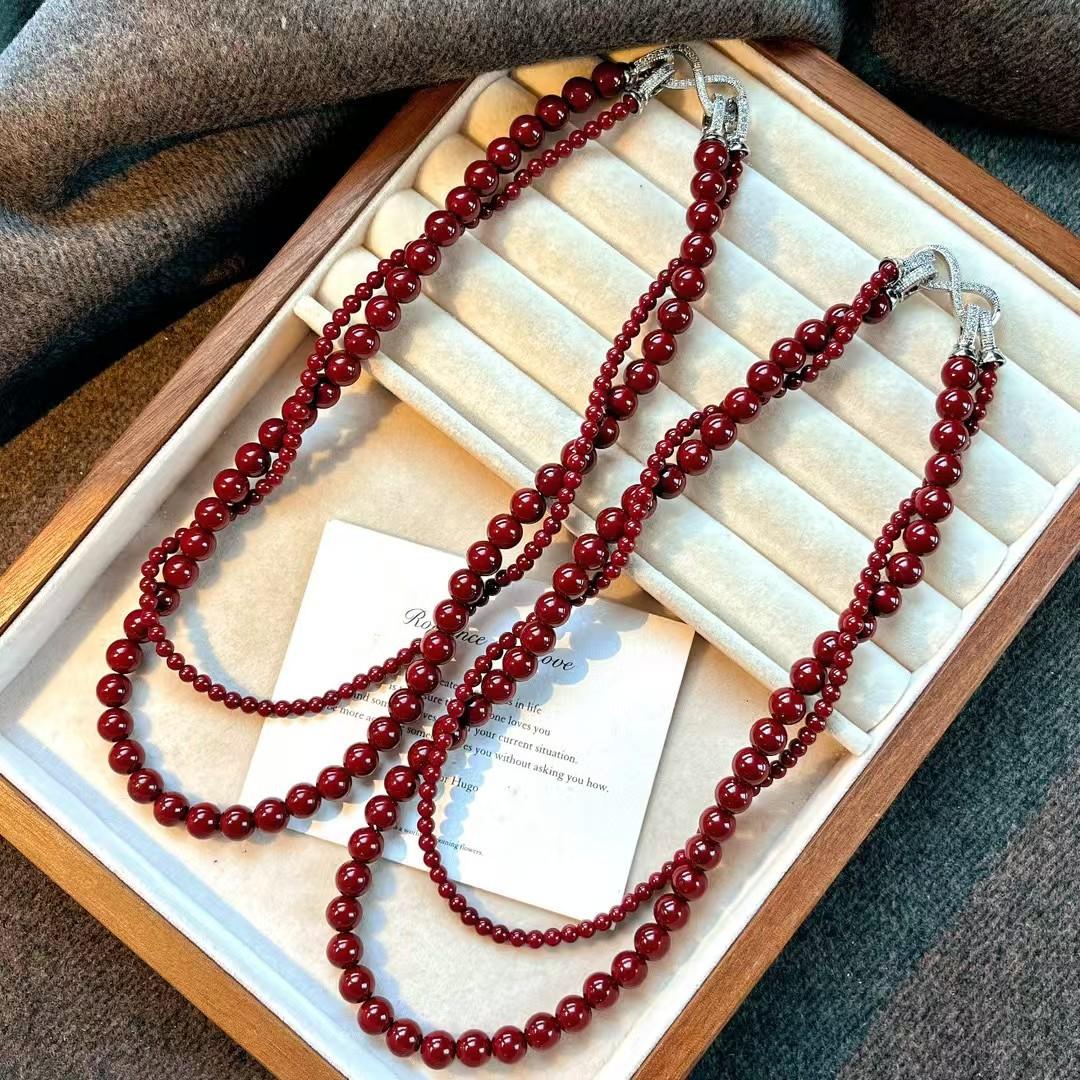 

Vintage Ankara Red New Year S Red Artificial Crystal Double Layer Removable Necklace Clavicle Chain Sweater Chain