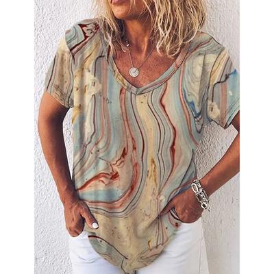 2022 Nuova T-shirt Estiva da Donna con Stampa Pittorica 3D Casual Larga Stampa Colorblock Scollo a V Top Base Pullover Abbigliamento Femminile