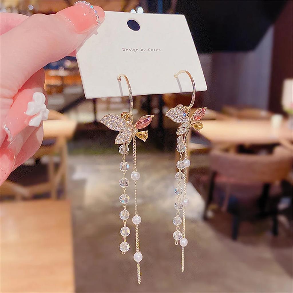 Delicate Red Zircon Butterfly Tassel Drop Earrings For Women Luxury Crystal Animal Butterfly Earring Wedding Party Jewelry Gifts