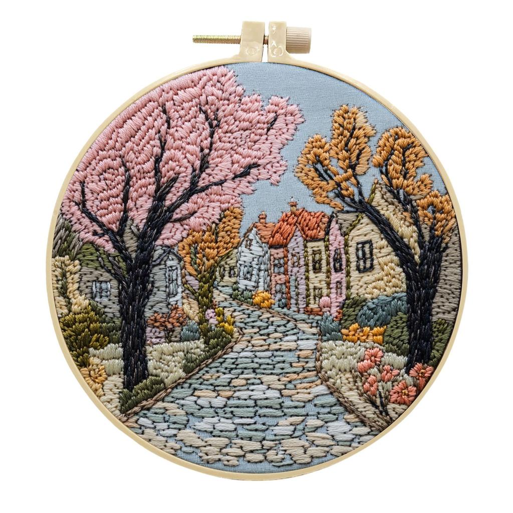 1pc House and Tree Landscape Embroidery DIY Fabric Craft Kit with Tools