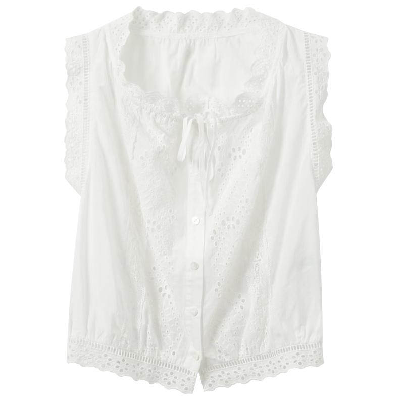 

Sancai Women s Embroidered Cotton Sleeveless Tie-Front Top S