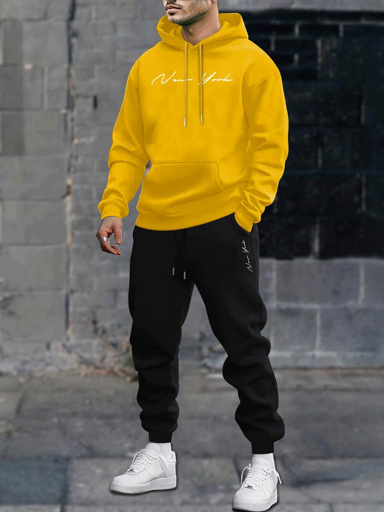 Men's printed hooded sweatshirt and pants set, new winter/spring edition of casual sportswear and lace-up casual pants