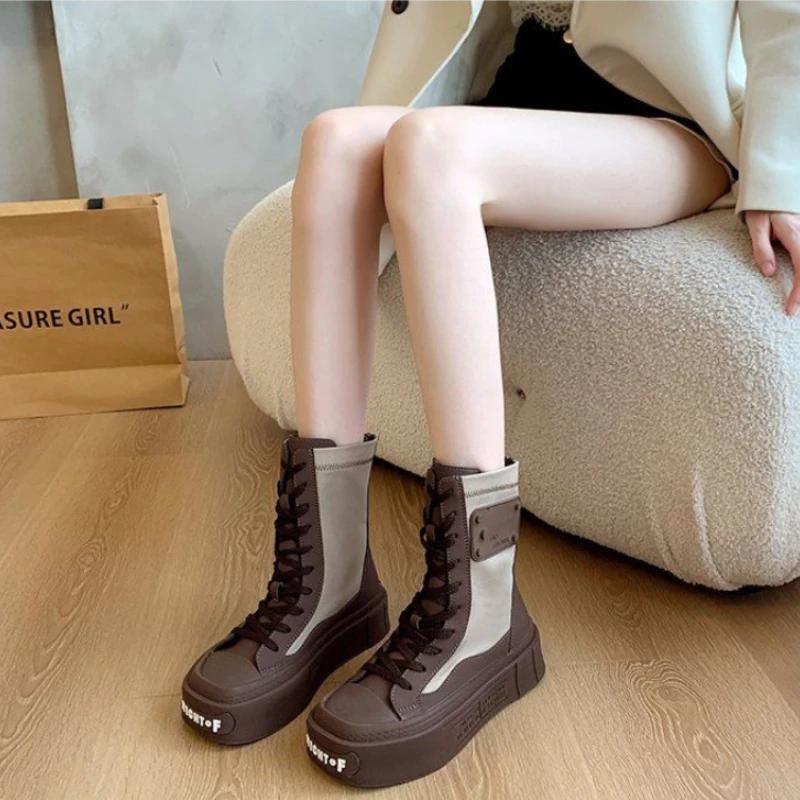 Fashion 2024 Winter Boots Women's Thick-soled Shoes Short Boots Rain War Military Short Leather Black New Rock Punk Goth Women's Shoes