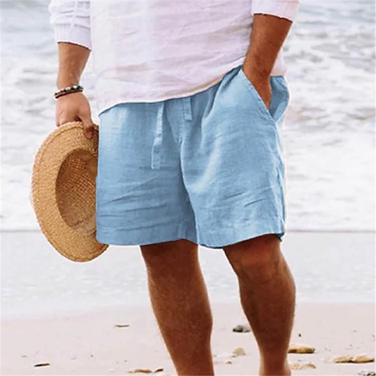Men's 2025 Summer Cotton Linen Shorts: Elastic Waist, Straight Leg, Solid Color, Breathable, Casual Beach Mid-Shorts