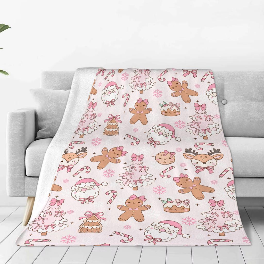 Pink Christmas Gingerbread Man Throw Blanket Soft Warm Flannel for Couch, Bed, Office, and Travel - Perfect Gift for All Season