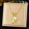 18K Gold Plated Starfish Shell Pearl Paperclip Chain Necklace, Boho Beach Pendant Necklace for Women, Summer Jewelry