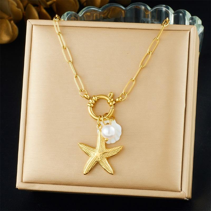 18K Gold Plated Starfish Shell Pearl Paperclip Chain Necklace, Boho Beach Pendant Necklace for Women, Summer Jewelry