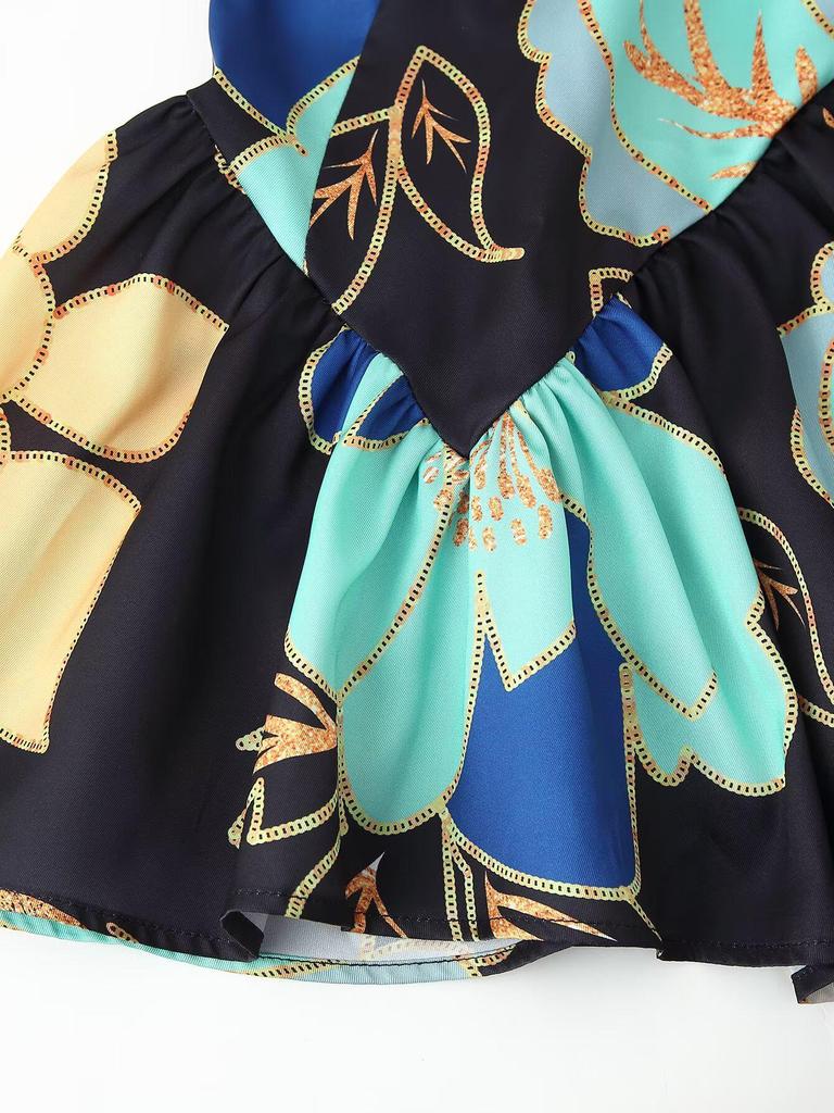 2025 Spring European & American Silk Satin Print Spaghetti Strap Dress