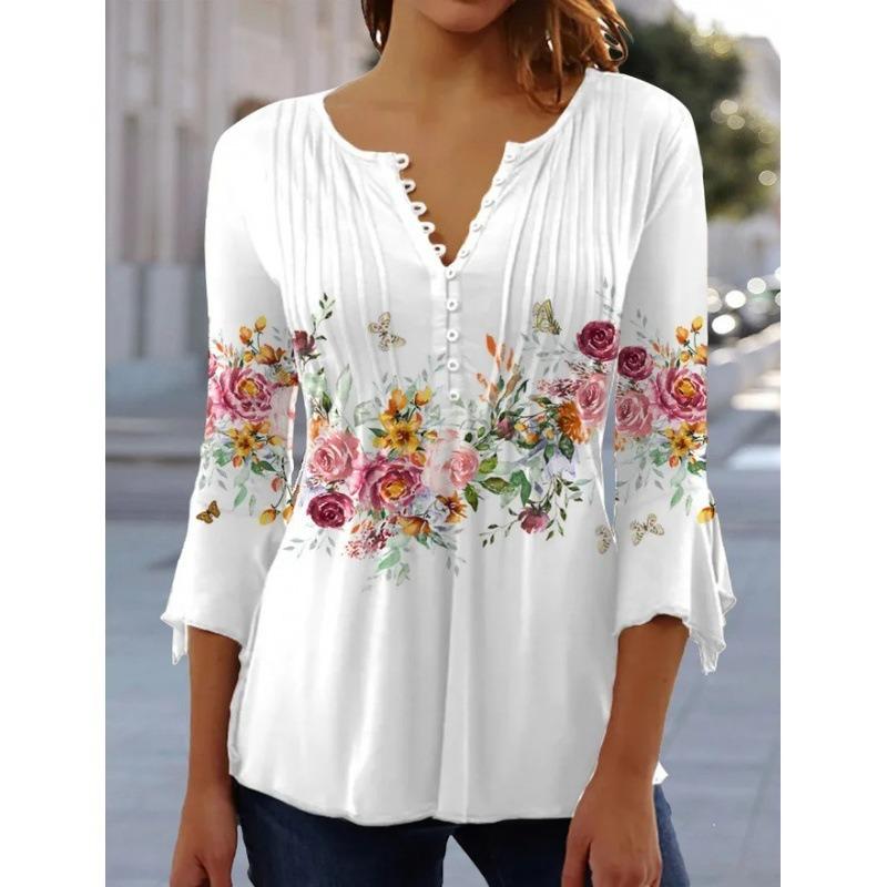 Spring and Summer Women's Blouse Fashion New Women's Floral Print V-neck Short-sleeved Pleated Buttons T-shirt