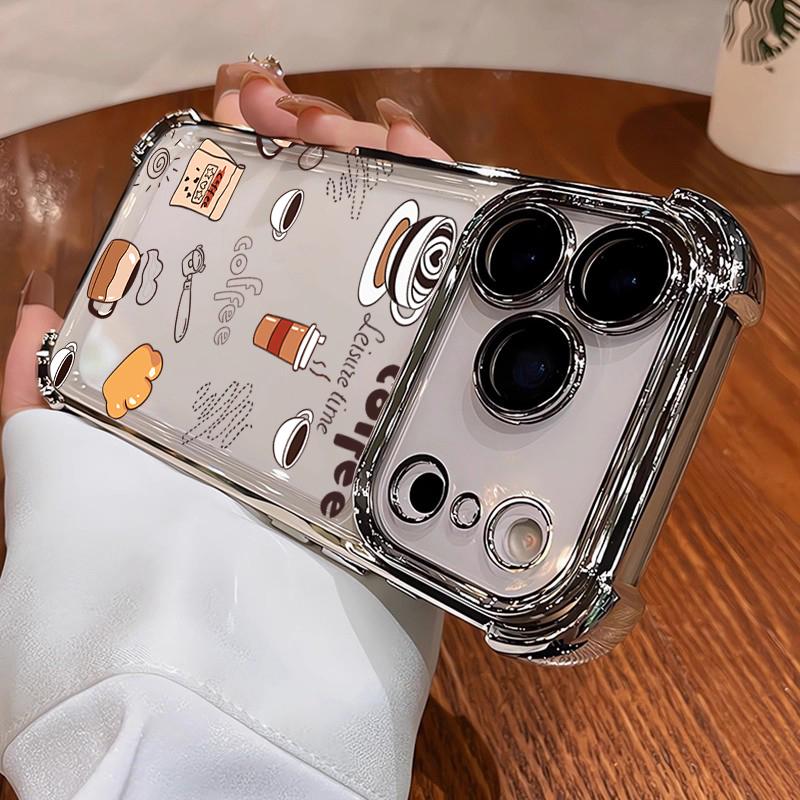 Coffee Afternoon Tea Pattern Phone Case For iPhone 17 Pro Air 16 15 14 13 12 11 Pro Max Plus Shockproof Soft Clear Plating Cover