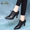 High Pumps Pu Plaid Lace-up Pointed Toe British Style Short Leather Boots Waterproof 2024 New Fashion Spring Autumn