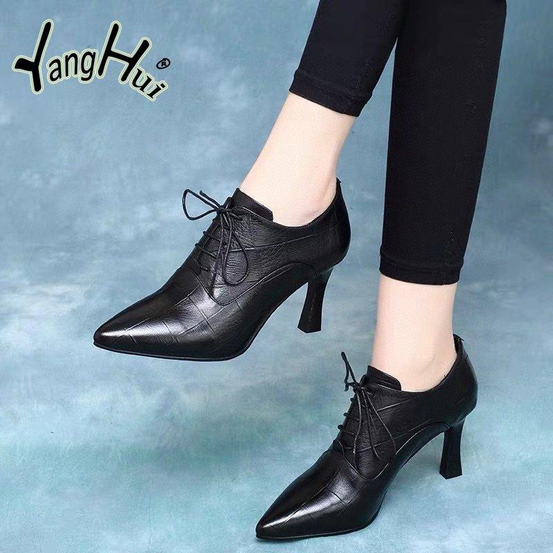 High Pumps Pu Plaid Lace-up Pointed Toe British Style Short Leather Boots Waterproof 2024 New Fashion Spring Autumn