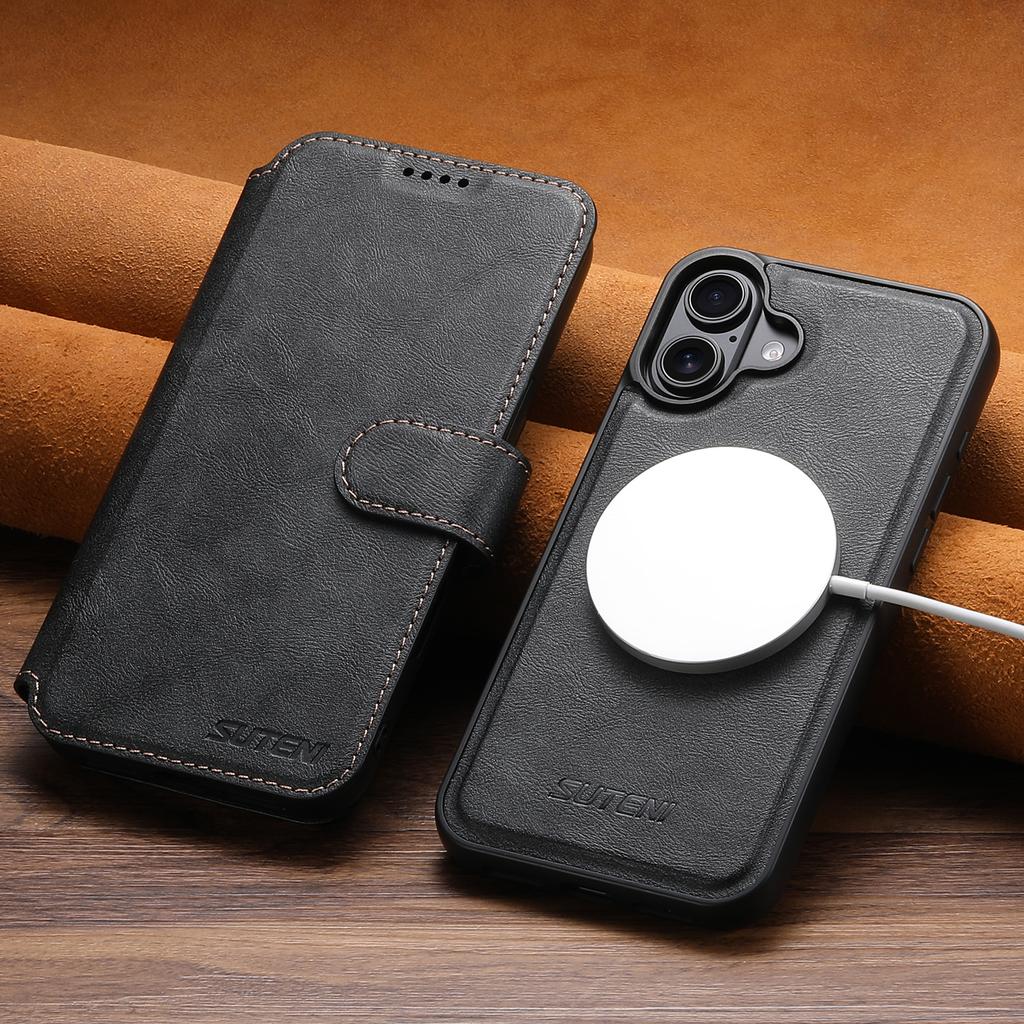 SUTENI Q-05 For iPhone 16 Wallet Case 2 in 1 Detachable Leather Flip Phone Cover with Stand