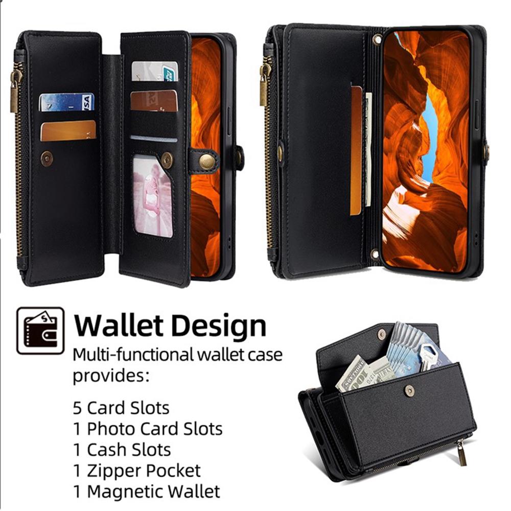 For iPhone 17 Pro Max Case Card Slots Zipper Purse PU Leather Phone Cover with Shoulder Strap