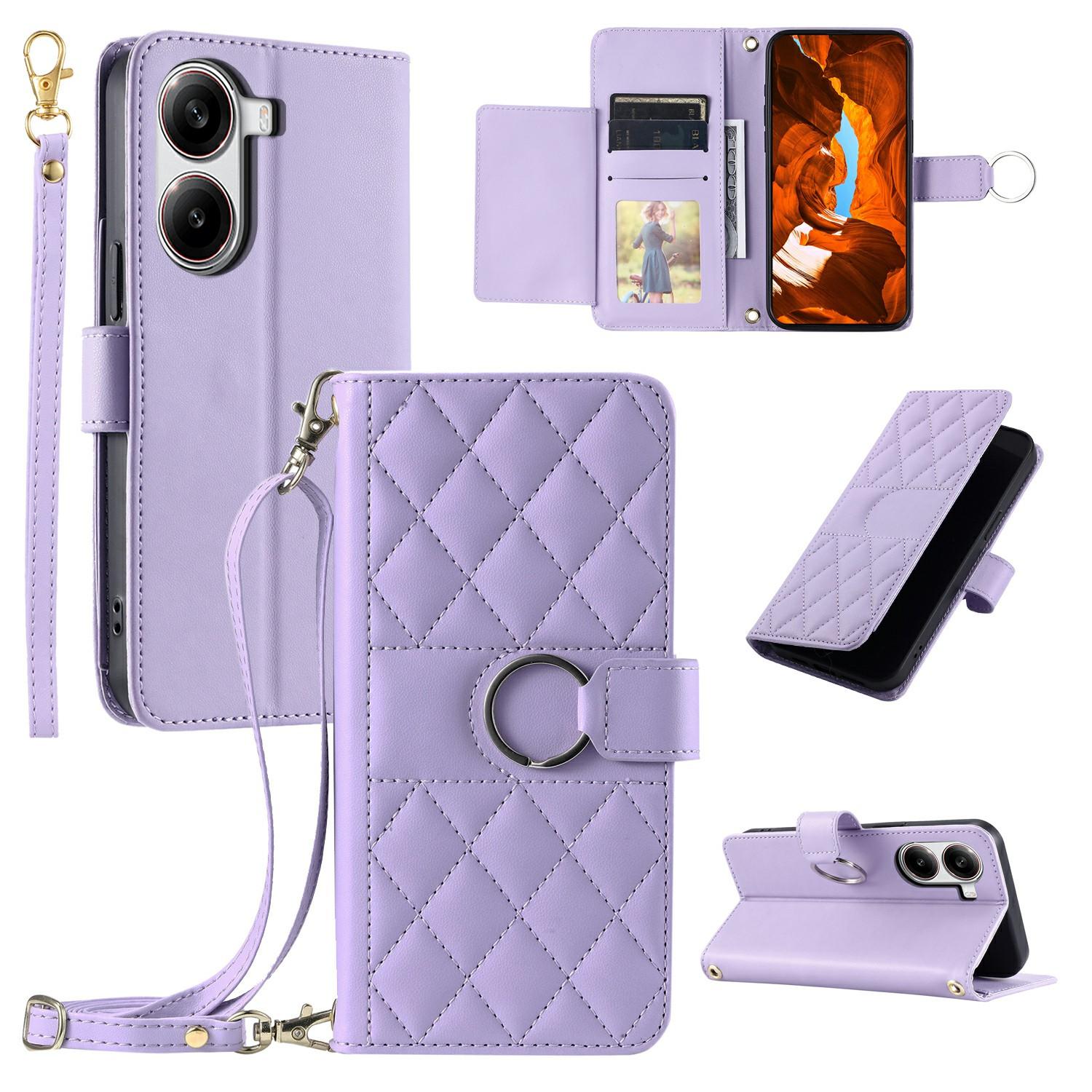 

For Xiaomi Poco X7 Pro 5G/Redmi Turbo 4 5G Crossbody Leather Case Ring Buckle Wallet Stand Rhombus Mobile Cover Purple