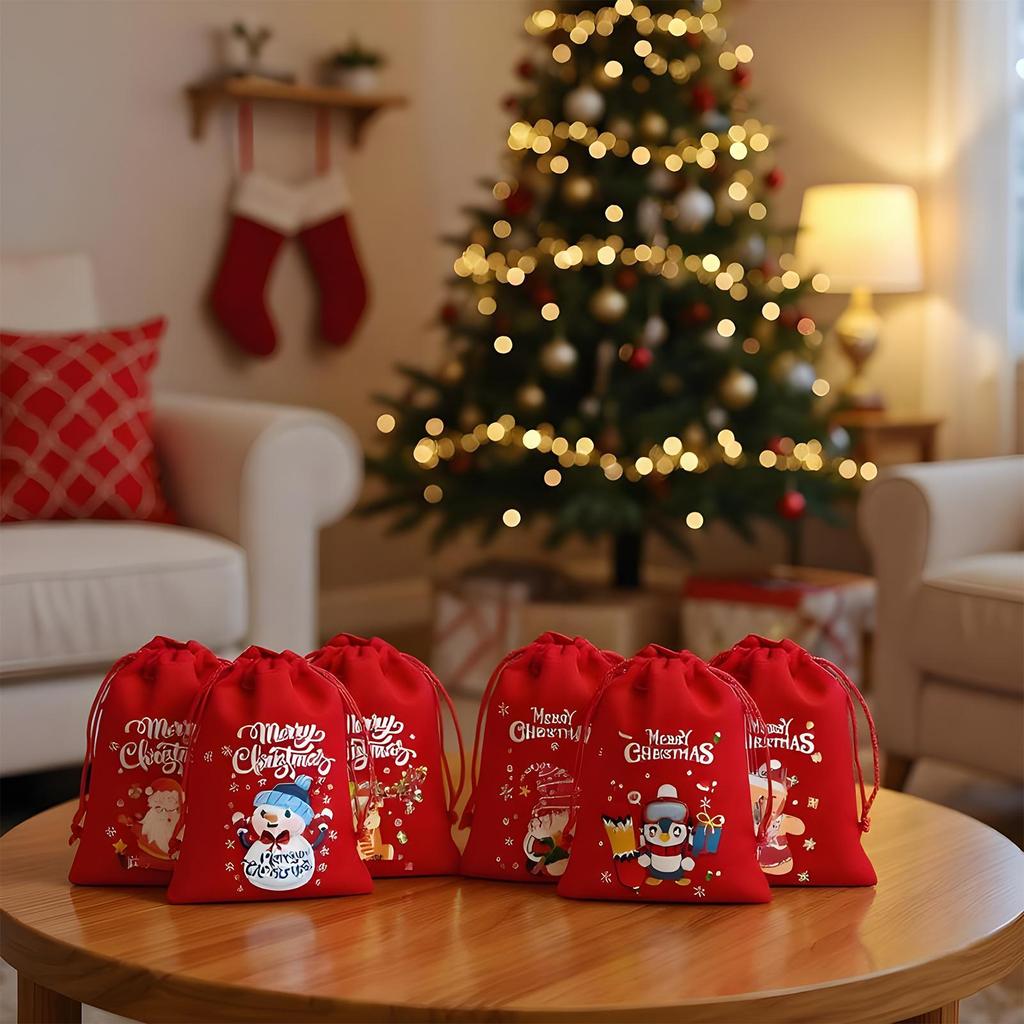 6pcs Christmas Bundle Pocket Gift Bags Snowman Print Velvet Drawstring Bags Soft Reusable Red Christmas Velvet Bundle Pocket