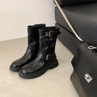 Rindslederversion~ Retro Punk Stil runde Zehe Gürtelschnalle Ritterstiefel Damen neue dicksohlige Martin Stiefel Venom Stiefel